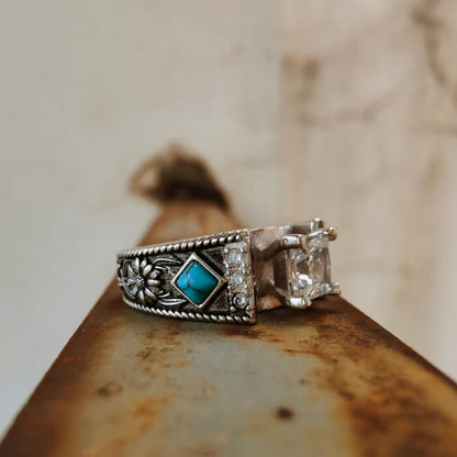 Western Diamond Sunflower Engraved Square Turquoise Engagement Rings