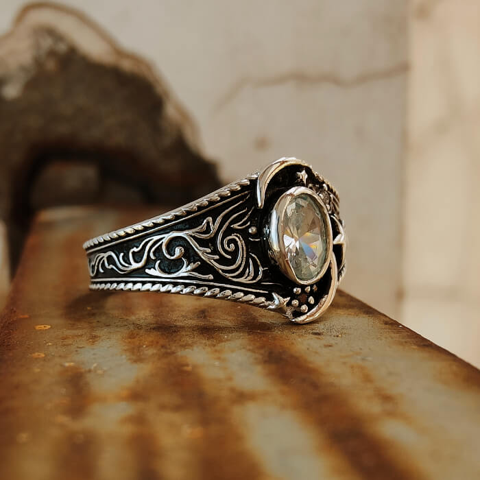 Women Moon Star Oval Cut Rustic Western Wedding Rings