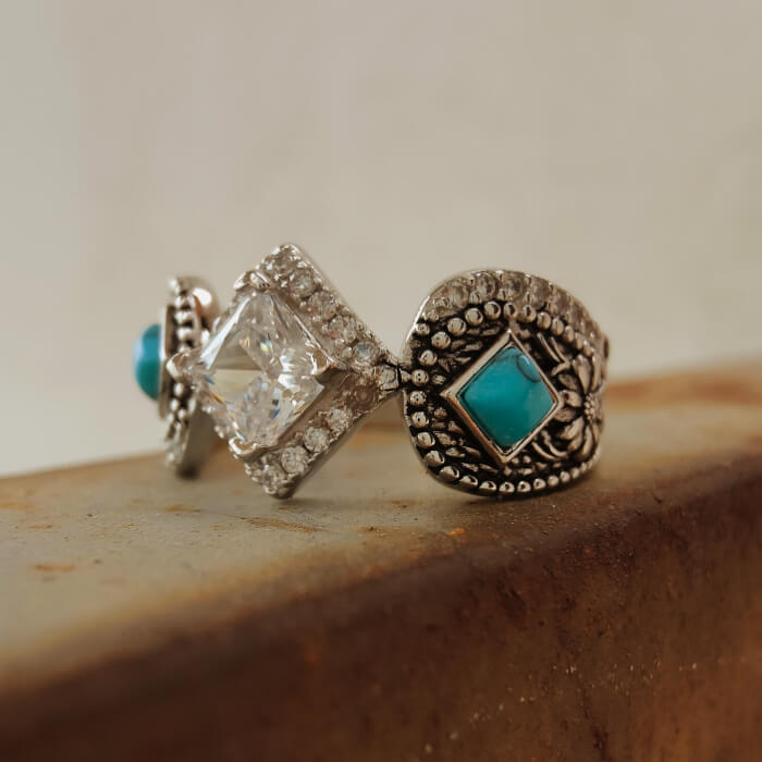 Flower Engraved Princess Cut Western Turquoise Engagement Ring