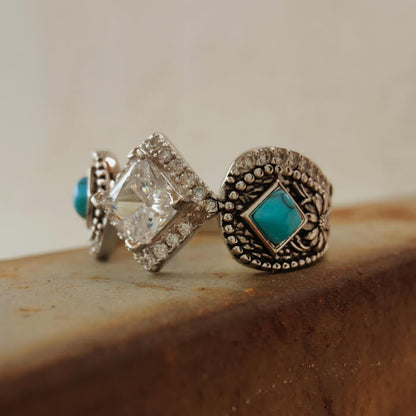 Flower Engraved Princess Cut Western Turquoise Engagement Ring