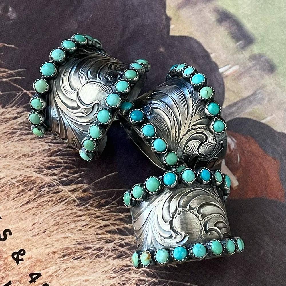 Engraved Wide Band Western Turquoise Ring For Women