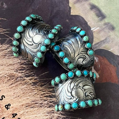 Engraved Wide Band Western Turquoise Ring For Women