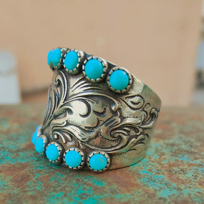 Western Engraved Symbol Square Cut Turquoise Ring