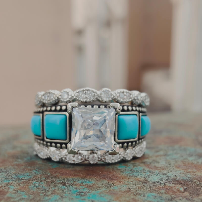 Square Engraved Vintage Turquoise Diamond Ring