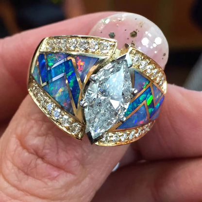 Marquise Cut Blue Opal Diamond Ring for Woemn