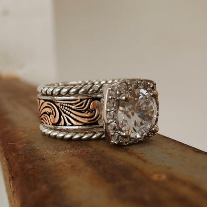 Engraved Round Diamond Rose Gold  Western Wedding Ring Sets