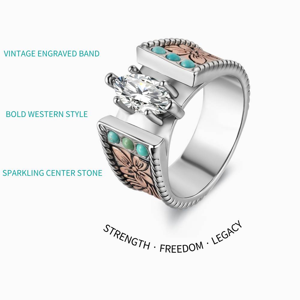 Flower Engraved Rose Gold Diamond Turquoise Rings