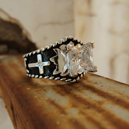 Women Rope Edge Cross Princess Cut Western Rings