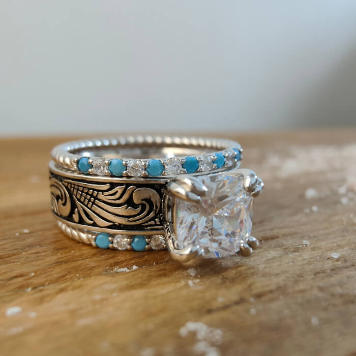 3pc Flower Western Wedding Turquoise and Diamond Ring