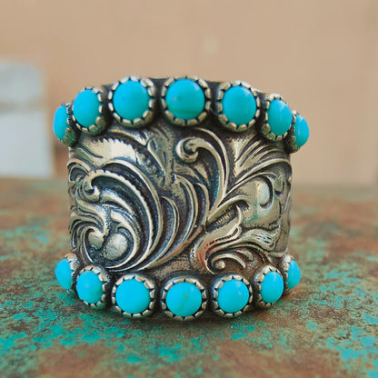 Western Engraved Symbol Square Cut Turquoise Ring