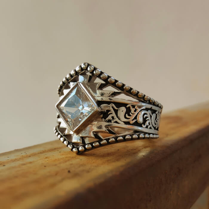 Western Symbol Princess Diamond Engraved Rustic Wedding Rings