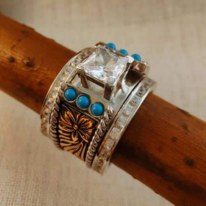 3pc Sterling Silver Western Turquoise and Diamond Ring