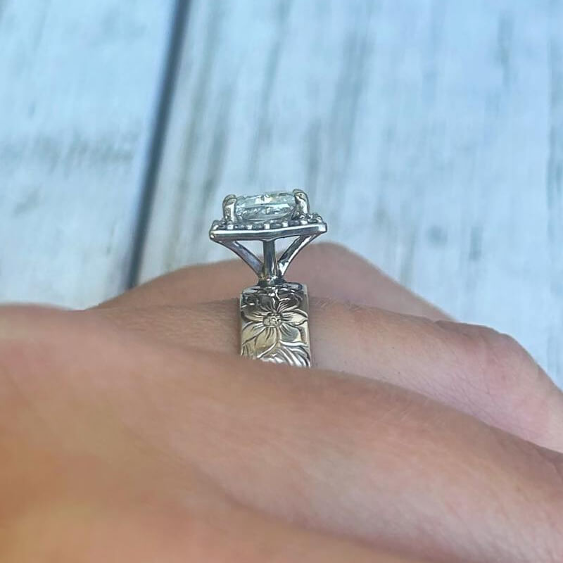 Western Square Engraved Flower Women Engagement Ring with Diamond Halo