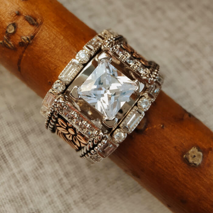 3pc Sterling Silver Vintage Flower Square Diamond Western Promise Rings