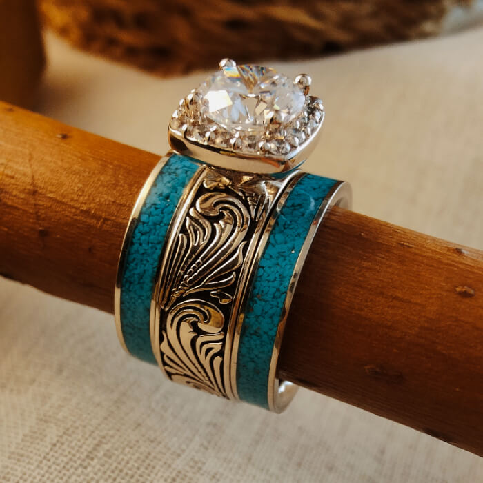 3pc Steel Western Turquoise And Diamond Ring