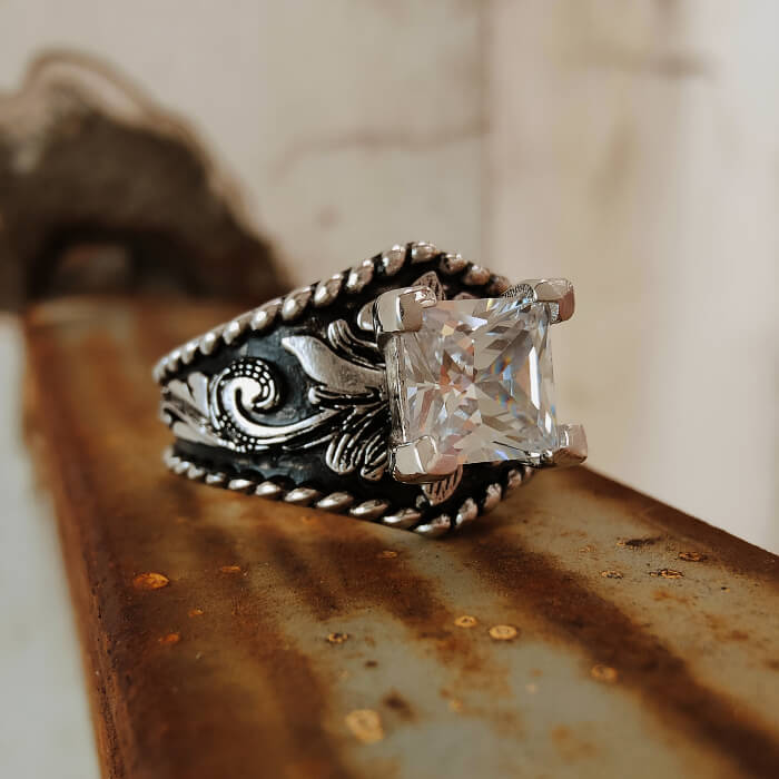 Women Rope Edge Flower Princess Cut Western Style Wedding Rings