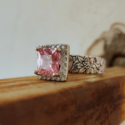 Women Flower Pink Princess Cut Western Promise Rings
