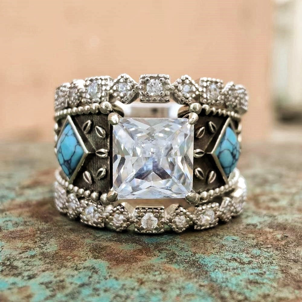 3pc Vintage Sterling Silver Square Turquoise Diamond Ring Set