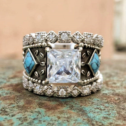 3pc Vintage Sterling Silver Square Turquoise Diamond Ring Set