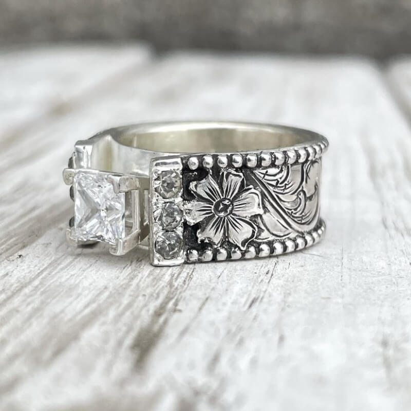 Women Flower Square Diamond Western Wedding Ring