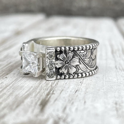 Women Flower Square Diamond Western Wedding Ring