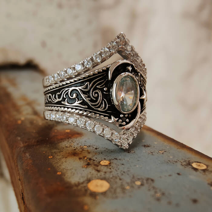 Moon and Star Ring with Oval Gemstone Celestial Jewelry
