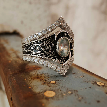 Moon and Star Ring with Oval Gemstone Celestial Jewelry