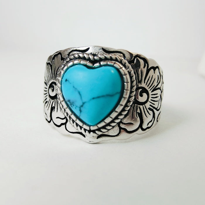 Women Western Flower Heart Turquoise Rings