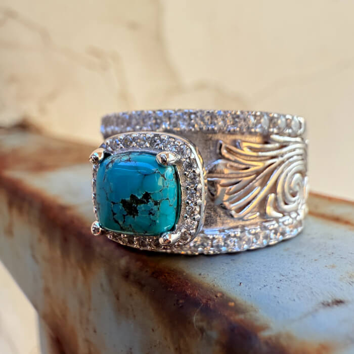 Diamond Engraved Turquoise Western Wedding Ring for Women