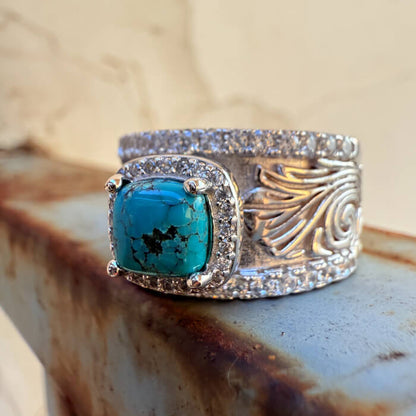 Diamond Engraved Turquoise Western Wedding Ring for Women