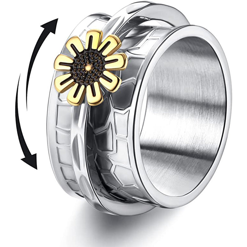 Steel Rotating Sunflower Hive Band Ring