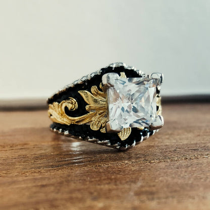 Vintage Square Cut Western Ring – Gold Leaf Engraved Black Enamel Statement Ring