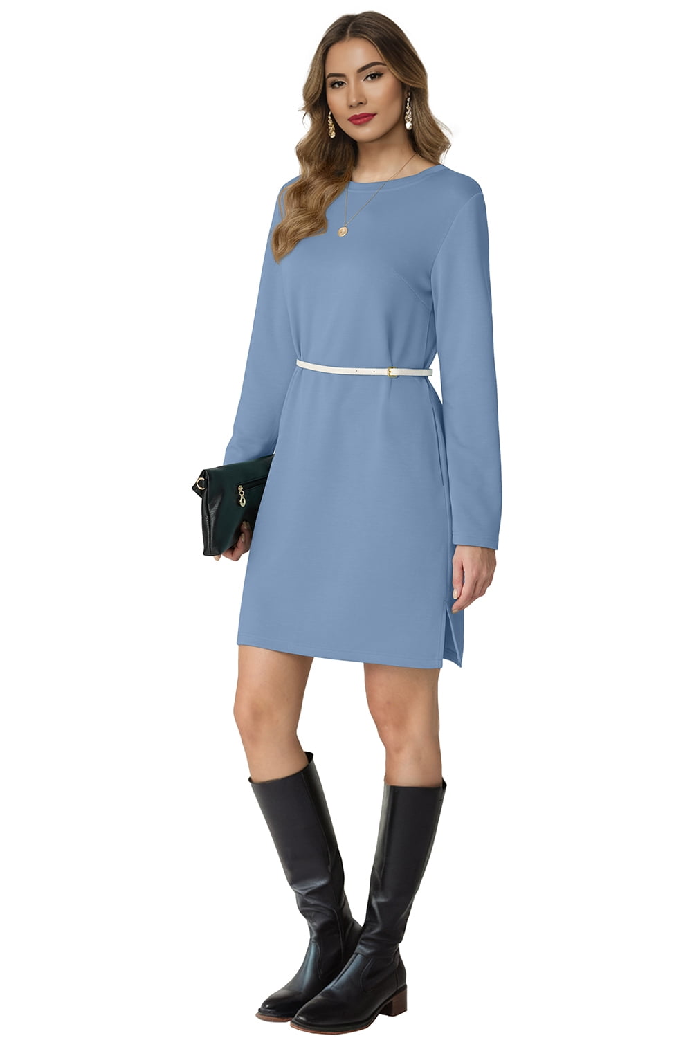 Women Casual Long Sleeve Dress Trendy Fall Fashion Cozy Travel Airport Outfits Haze Blue XL