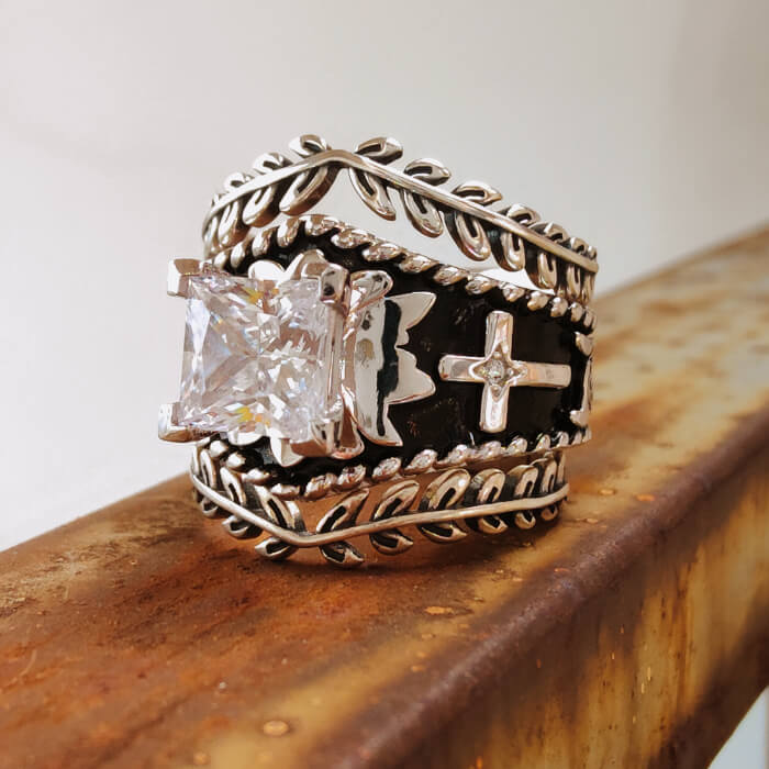 3PC Western Cross Ring Set  with Vintage Silver Bands