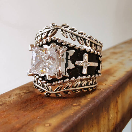 3PC Western Cross Ring Set  with Vintage Silver Bands