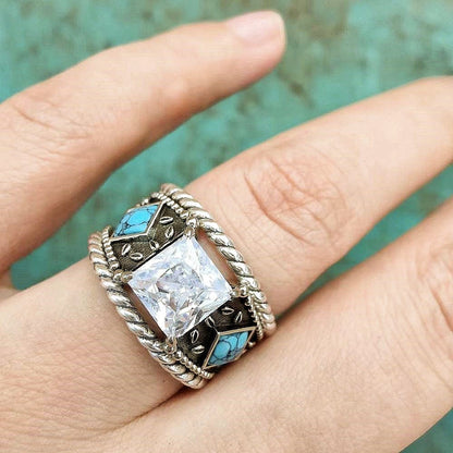 3pc Sterling Silver Western Engraved Square Diamond Ring