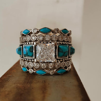 5pc Engraved Princess Diamond Turquoise Engagement Ring Set