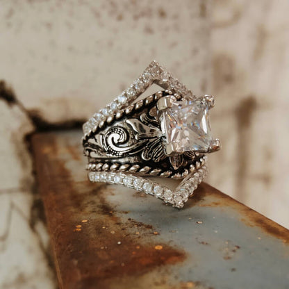 3PC Vintage Western Ring Set Square Cut Engagement Ring