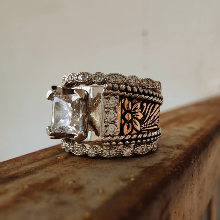 3pc Rose Gold Vintage Flower Western Engagement Ring for her