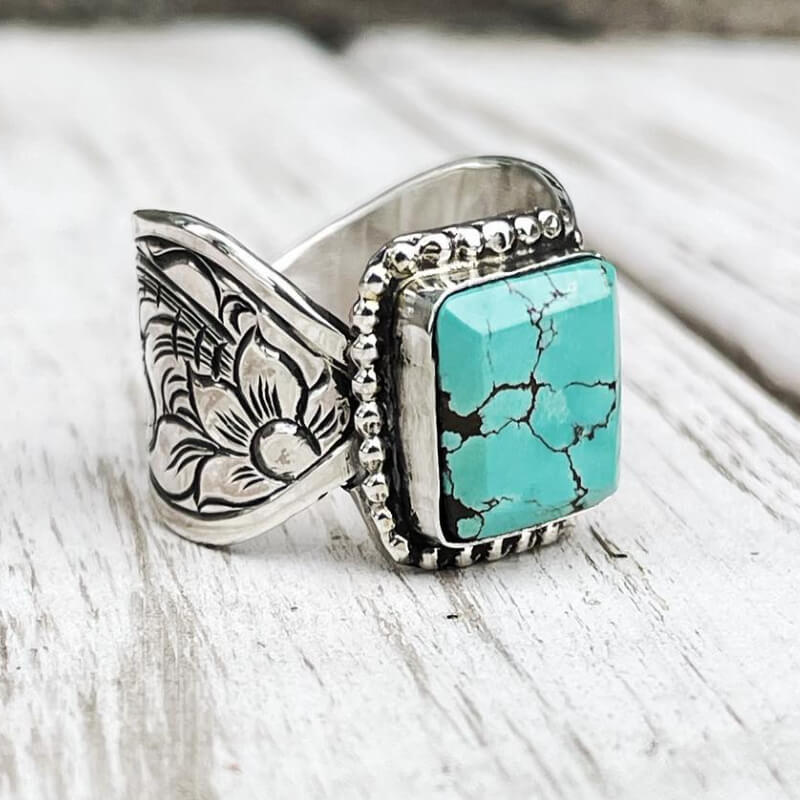 Flower Wave Band Rectangle Womens Turquoise Rings