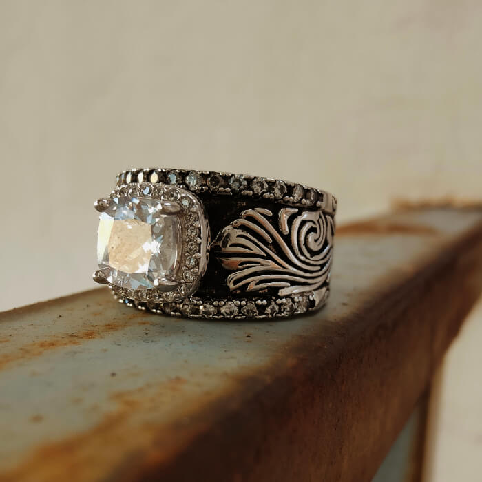 Western Symbol Cushion Brilliant Engraved Engagement Rings