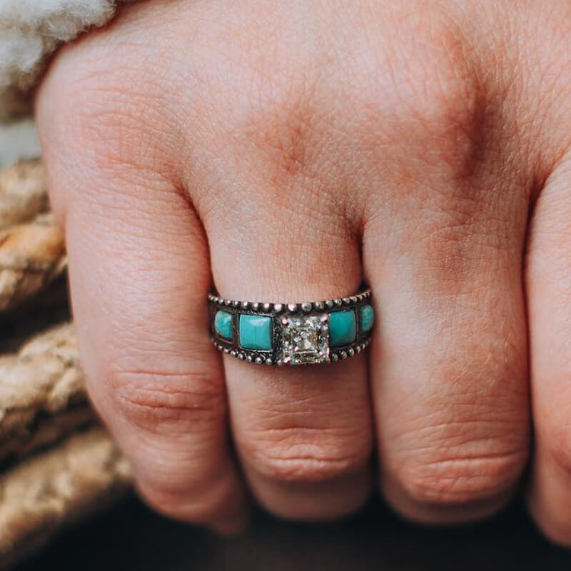 Square Engraved Vintage Turquoise Diamond Ring
