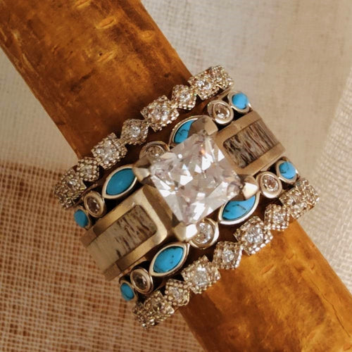 5pc Silver Square Diamond Antler Turquoise Engagement Ring