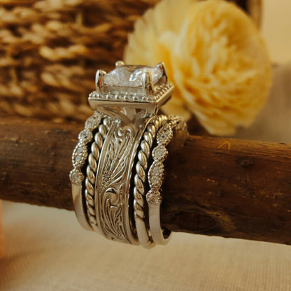 5pc Sterling Silver Women Princess Diamond Western Engraved Engagement Ring