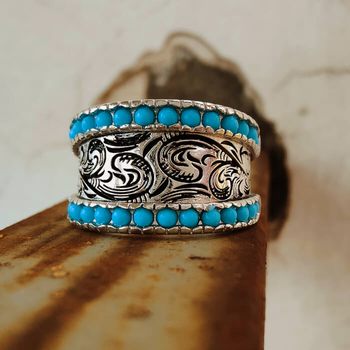 Women Western Flower Turquoise Band Rings for Women