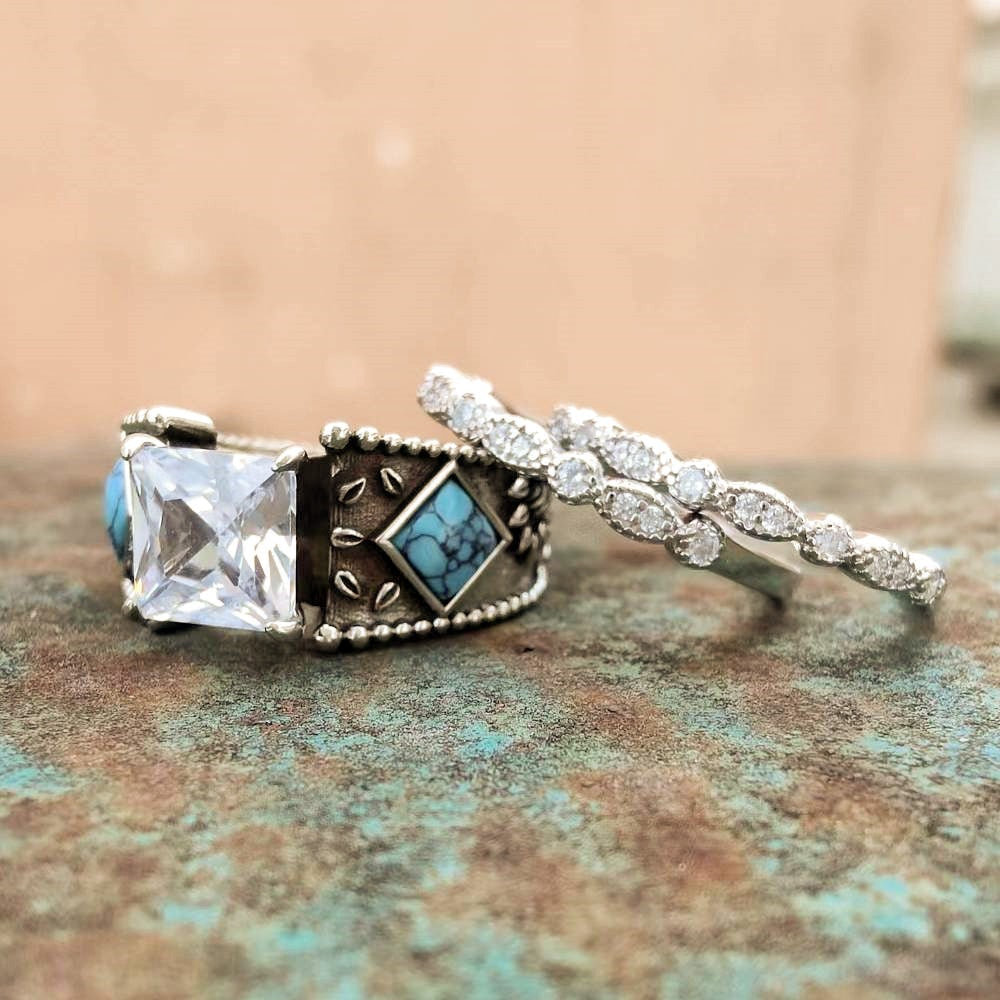 3pc Diamond Sterling Silver Vintage Turquoise Ring Set