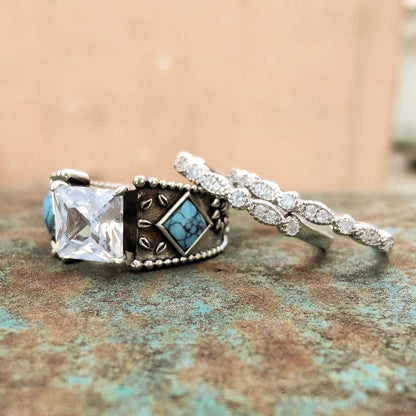 3pc Diamond Sterling Silver Vintage Turquoise Ring Set