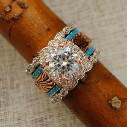 5pc Round Moissanite Vintage Western Promise Women Turquoise Rings