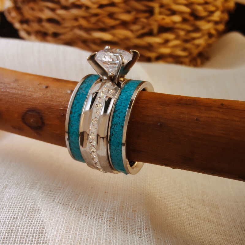3pc Women Steel Turquoise Diamond Ring Set
