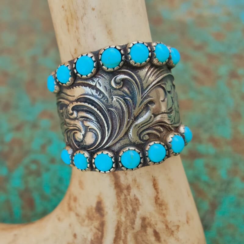 Western Engraved Symbol Square Cut Turquoise Ring